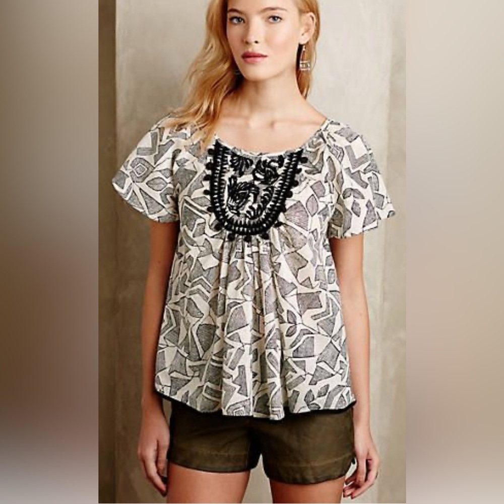 Anthropologie Floreat Geo Print Flutter Sleeve Embroidered Pom Pom Top